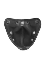 Black leather codpiece with decorative stitching and stainless steel snaps lining view