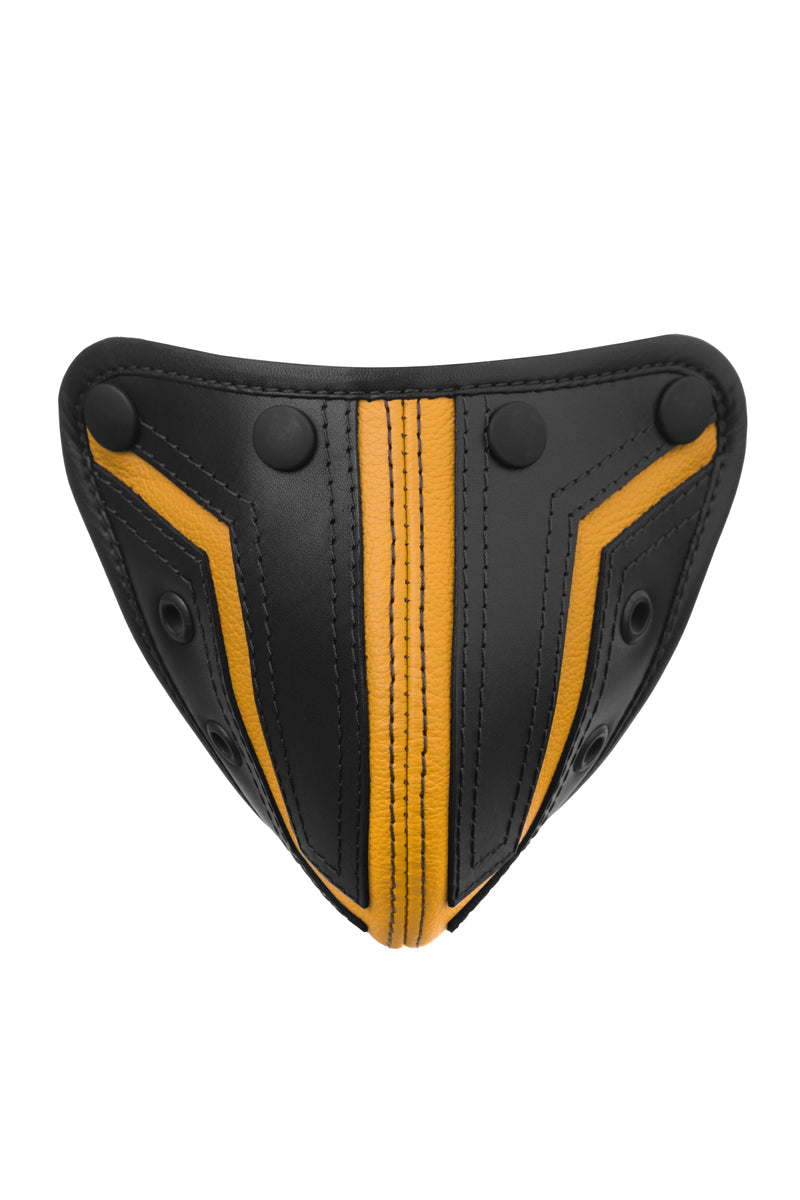 Black and yellow combat codpiece. Front view.