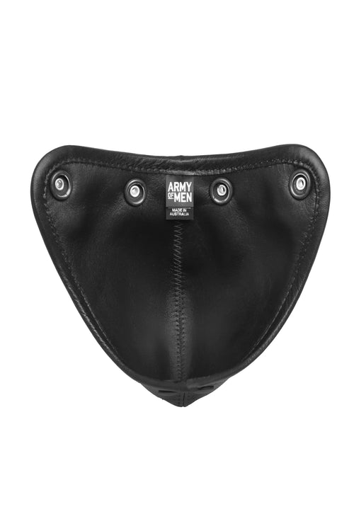 Black leather standard codpiece with matt black snaps back view