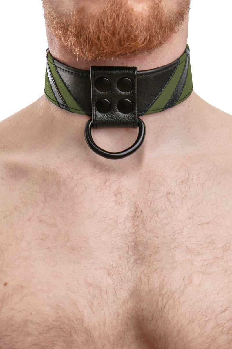 Model wearing army green leather chevron collar