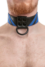 Model wearing blue leather chevron collar