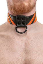 Model wearing orange leather chevron collar