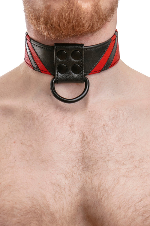 Model wearing red leather chevron collar