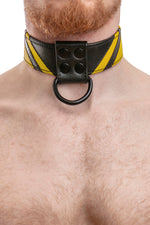 Model wearing yellow leather chevron collar