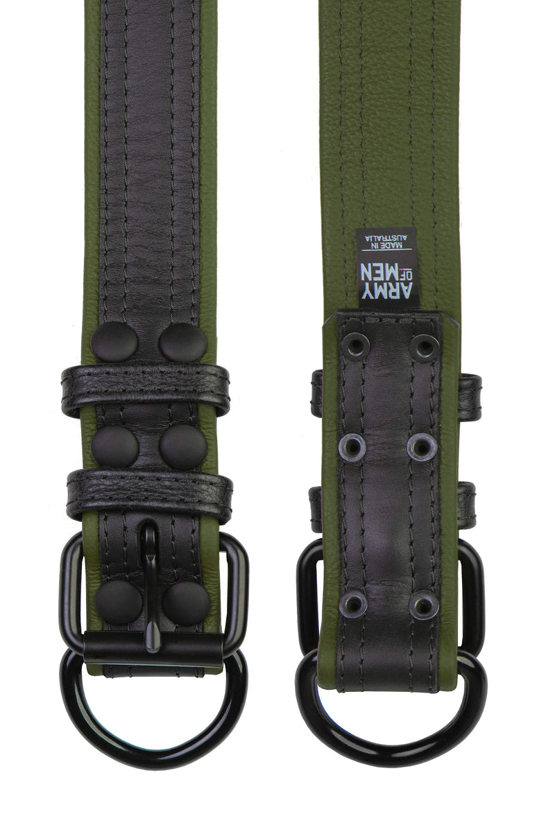 Two 1.5" black and army green leather pup collars with matt black buckles and D-rings