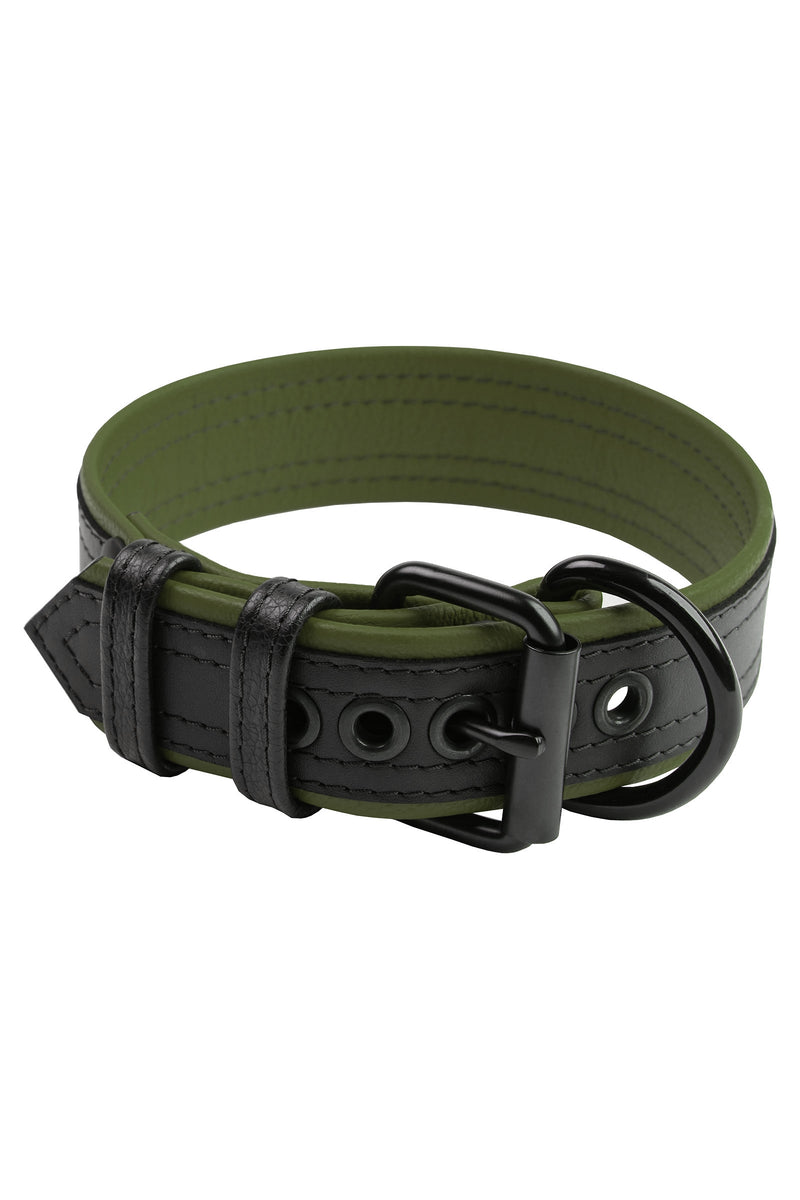 1.5" black and army green leather pup collar with matt black buckle and D-ring