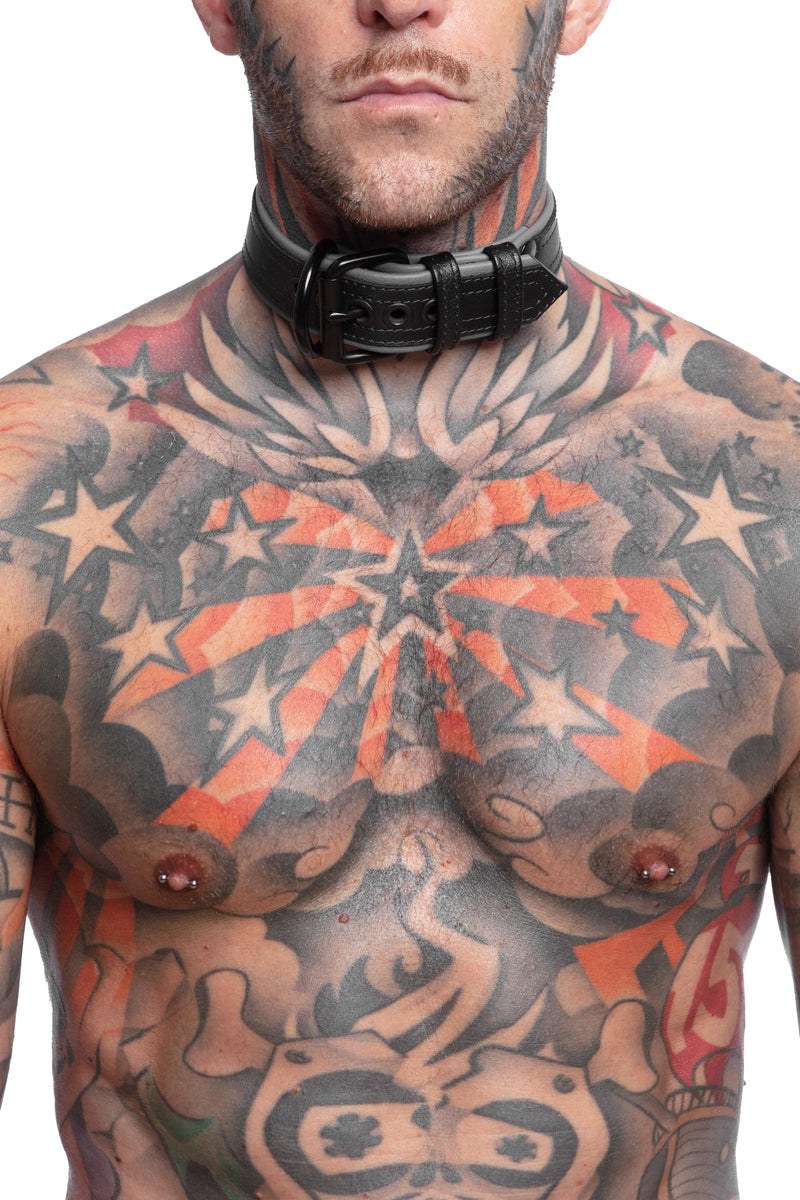 Model wearing a 1.5" black and grey leather pup collar