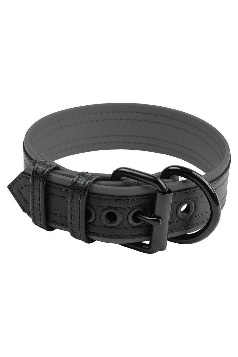 1.5" black and grey leather pup collar with matt black buckle and D-ring
