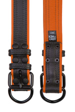 Two 1.5" black and orange leather pup collars with matt black buckles and D-rings