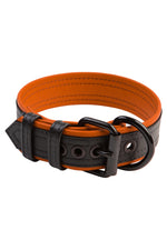 1.5" black and orange leather pup collar with matt black buckle and D-ring