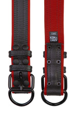 Two 1.5" black and red leather pup collars with matt black buckles and D-rings