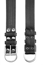 1.5" black leather combat pup collar with stainless steel buckle and hardware flat view