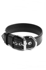 1.5" black leather combat pup collar with stainless steel buckle and hardware