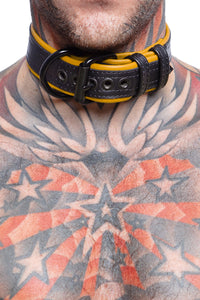 Model wearing a 1.5" black and yellow leather pup collar. Close up view.