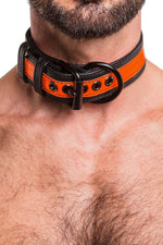 Model wearing fluro orange stripe leather pup collar