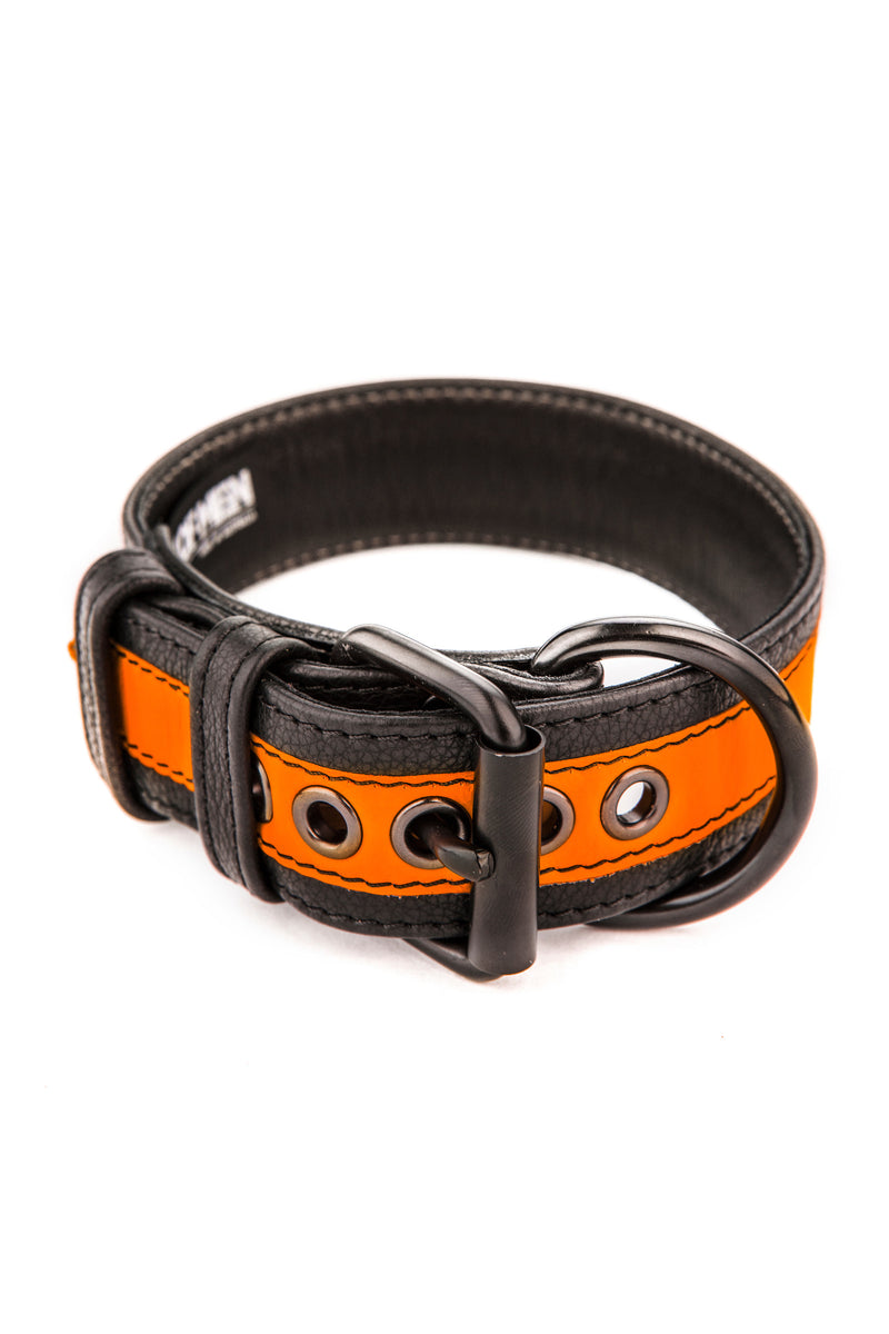 Fluro orange stripe leather pup collar