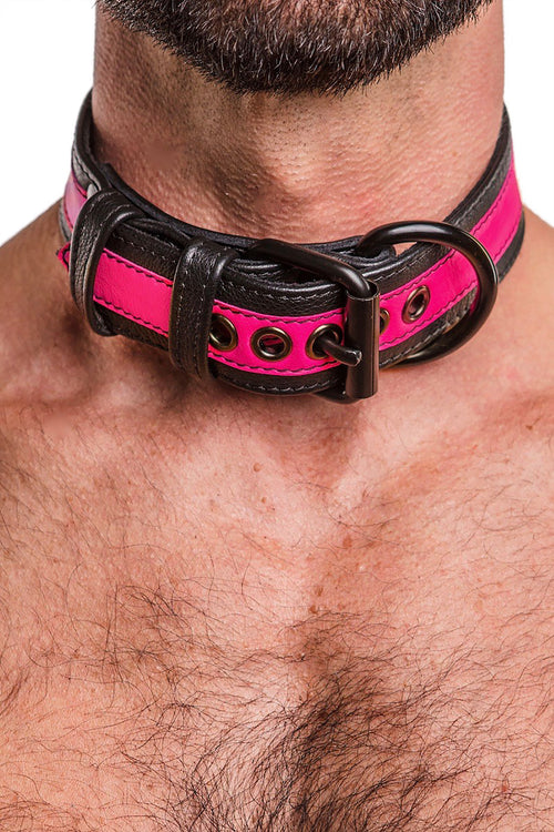 Model wearing fluro pink stripe leather pup collar