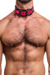 Model wearing fluro pink stripe leather pup collar