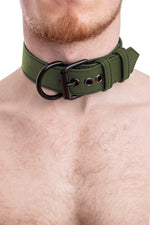 Model wearing army green leather pup collar