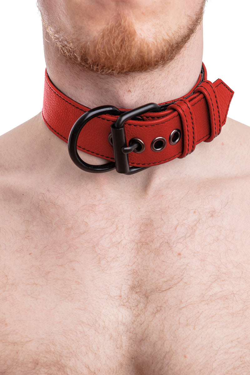 Model wearing red leather pup collar