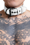 Model wearing 1.5" wide white leather pup collar with matt black buckle and D-ring