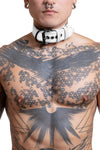 Model wearing 1.5" wide white leather pup collar with matt black buckle and D-ring full body view