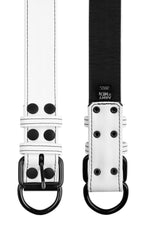 1.5" wide white leather pup collar with matt black buckle and D-ring flat view