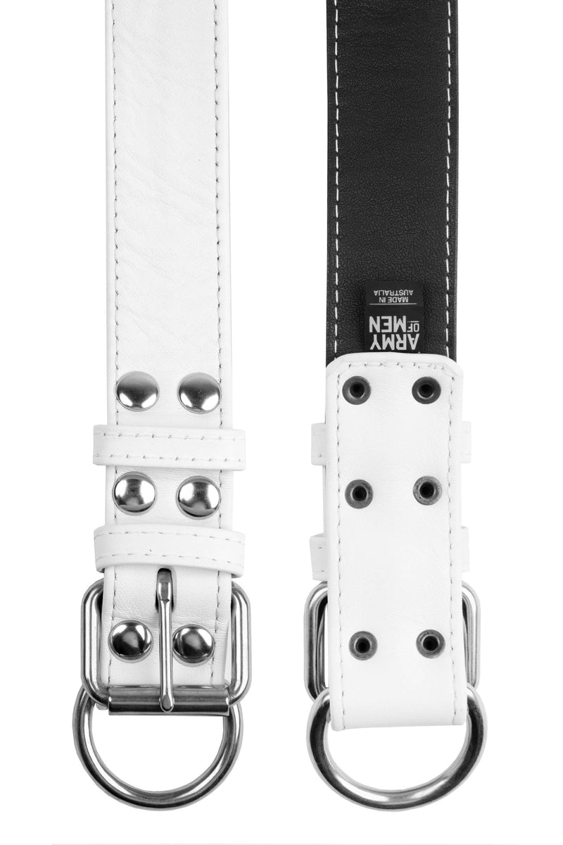 1.5" wide white leather pup collar with stainless steel buckle and D-ring flat view