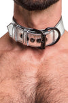 Model wearing metallic silver leather pup collar