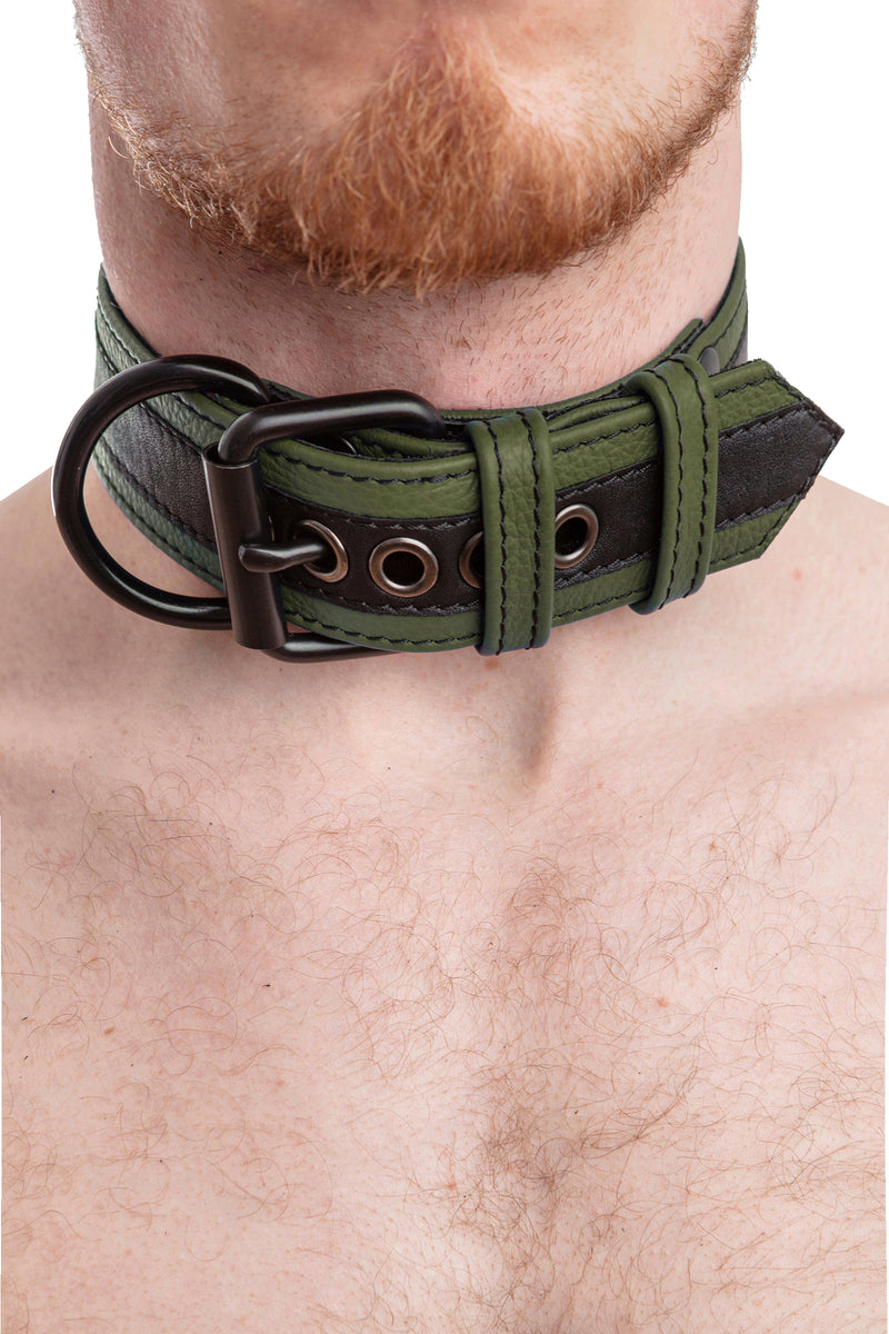 Model wearing black and army green leather racer stripe pup collar
