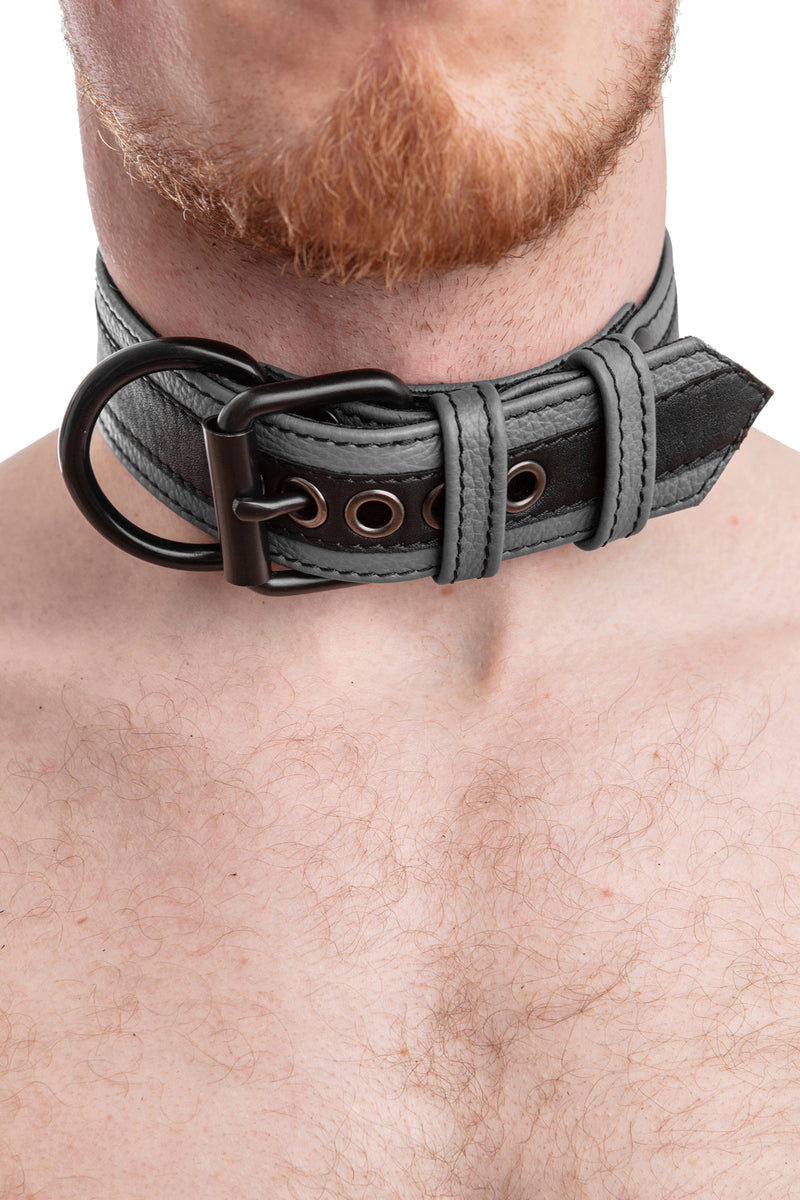 Model wearing black and grey leather racer stripe pup collar