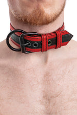 Model wearing black and red leather racer stripe pup collar