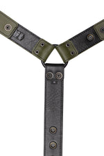 Army green leather bulldog harness connector with black hardware. Lining.