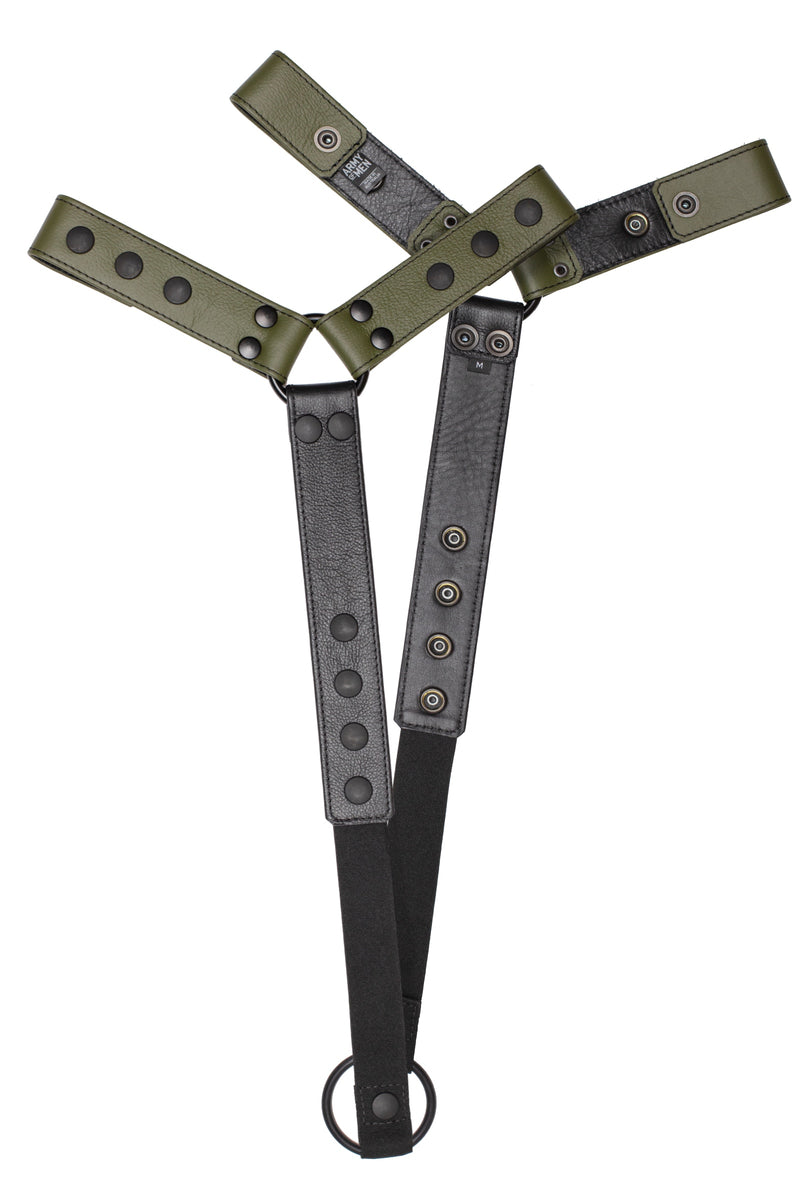 Pair of army green leather bulldog harness connectors with black hardware.