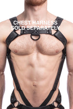 Chest harness sold separately. Model wearing a black leather bulldog harness and connector with black hardware.