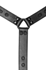 Black leather bulldog harness connector with black hardware. Close up.
