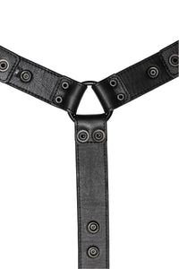 Black leather bulldog harness connector with black hardware. Lining.