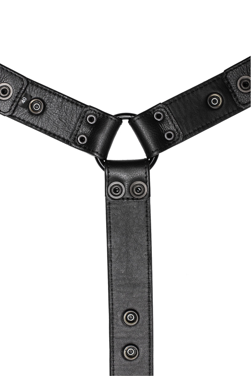 Black leather bulldog harness connector with black hardware. Lining.
