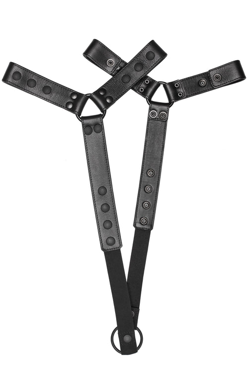 Pair of black leather bulldog harness connectors with black hardware.