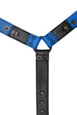 Blue leather bulldog harness connector with black hardware. Lining.