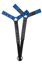 Pair of blue leather bulldog harness connectors with black hardware.