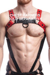 Chest harness sold separately. Model wearing a red leather bulldog harness and connector with black hardware.