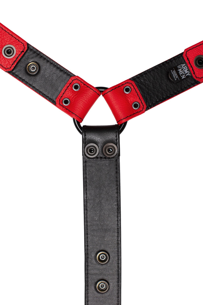 Red leather bulldog harness connector with black hardware. Lining.