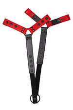 Pair of red leather bulldog harness connectors with black hardware.