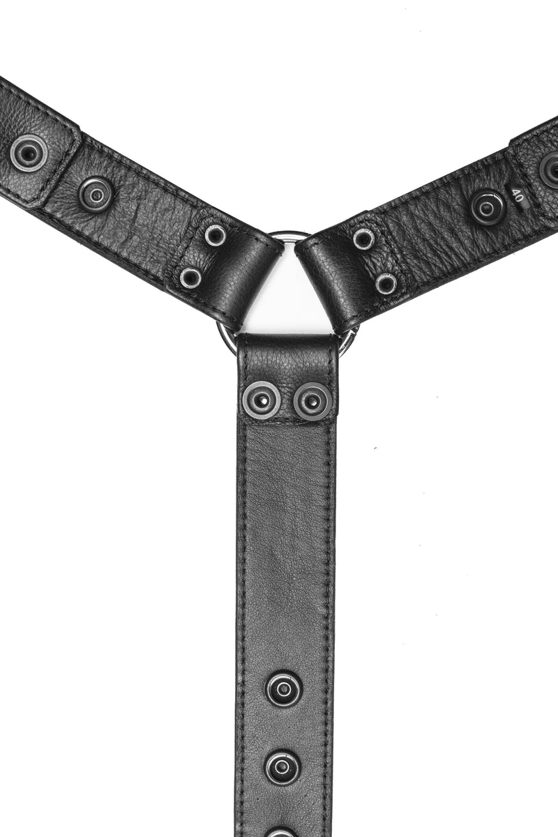 Black leather bulldog harness connector with stainless steel hardware. Lining.