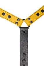 Yellow leather bulldog harness connector with black hardware. Close up.