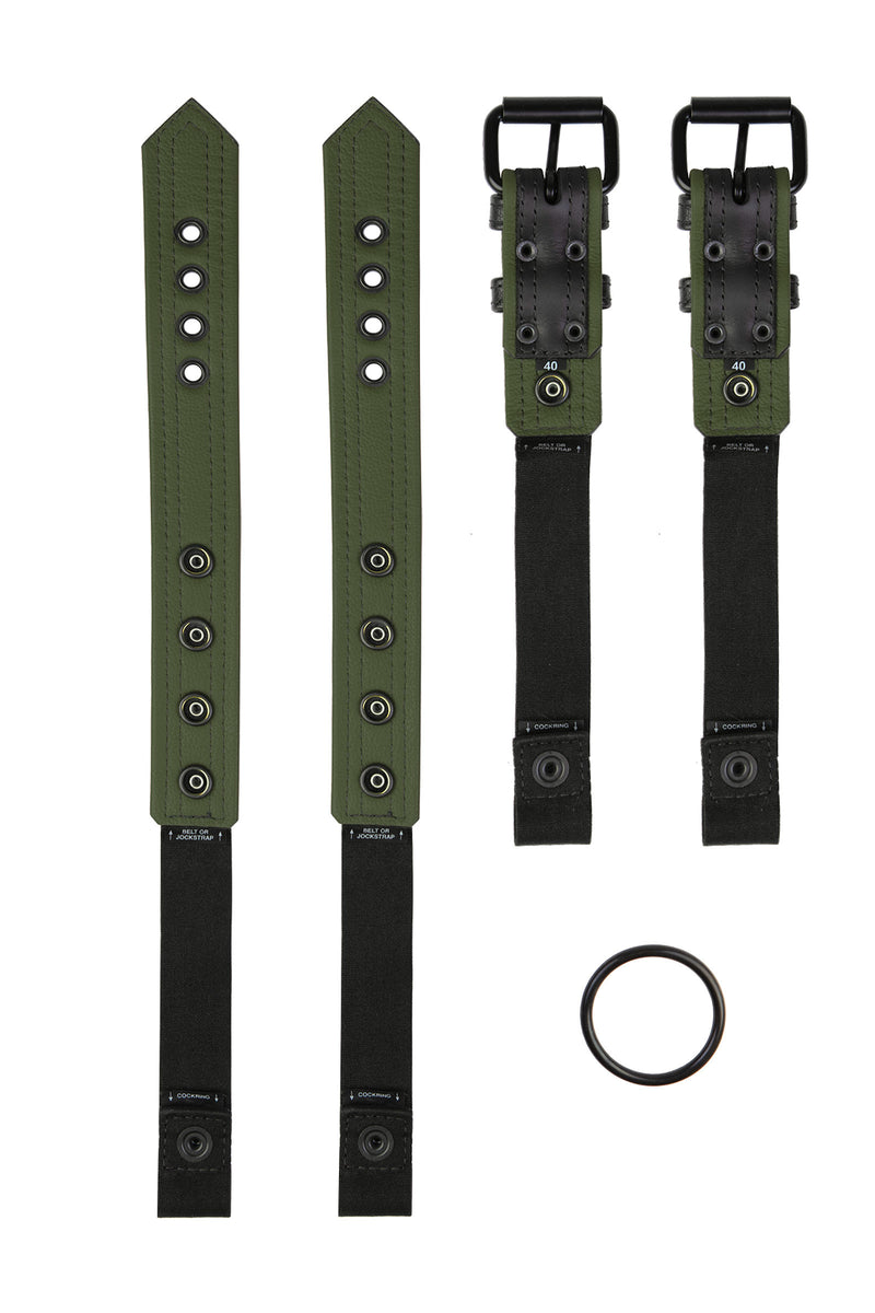 Pair of black and army green leather combat harness connectors with black hardware. Separated. Back view.