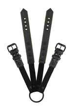 Pair of black and army green leather combat harness connectors with black hardware. Connected. Front view.