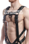 Chest harness sold separately. Model wearing a black leather combat harness and connector with black metal hardware.