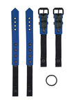 Pair of black and blue leather combat harness connectors with black hardware. Separated. Back view.